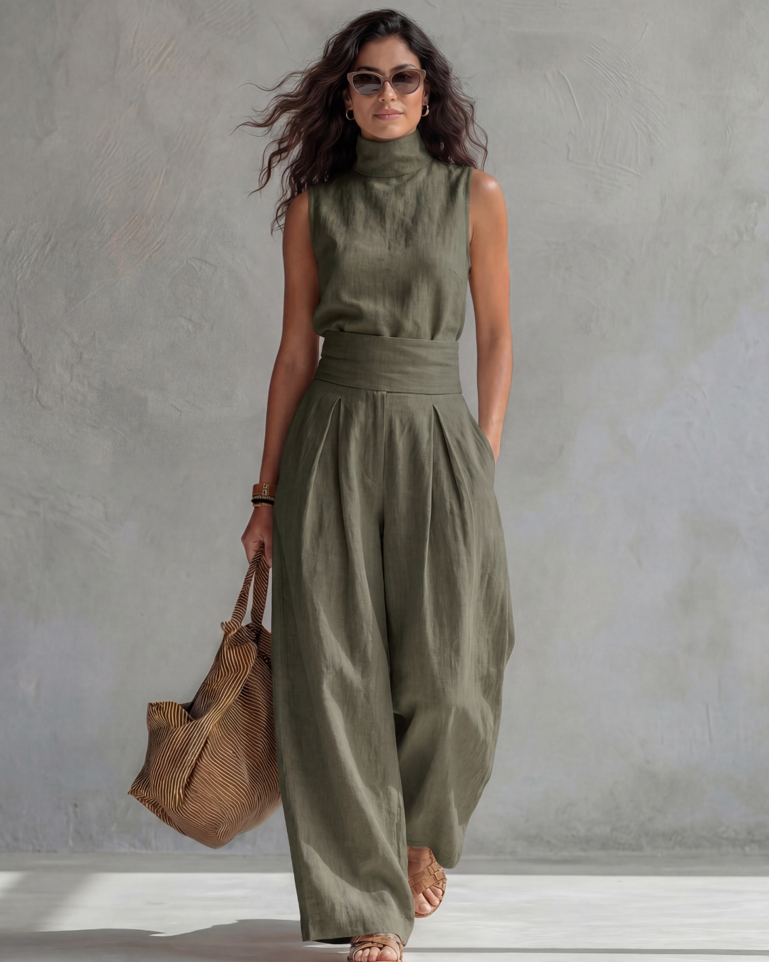 Maria | Conjunto Top y Pantalón Ancho Algodón Lino Verde