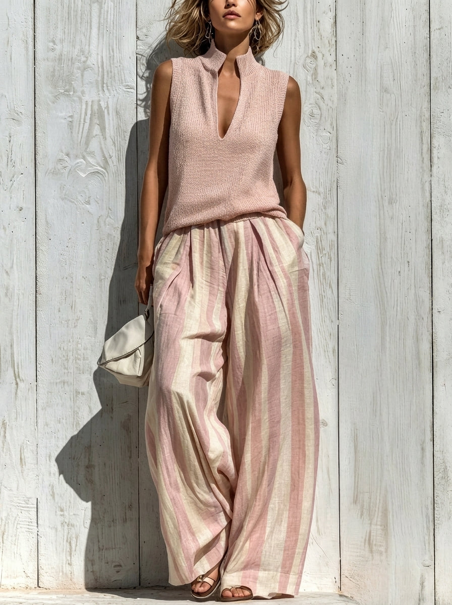 Sofía | Elegante en Tejido Fluido: Top y Pantalones Palazzo a Rayas