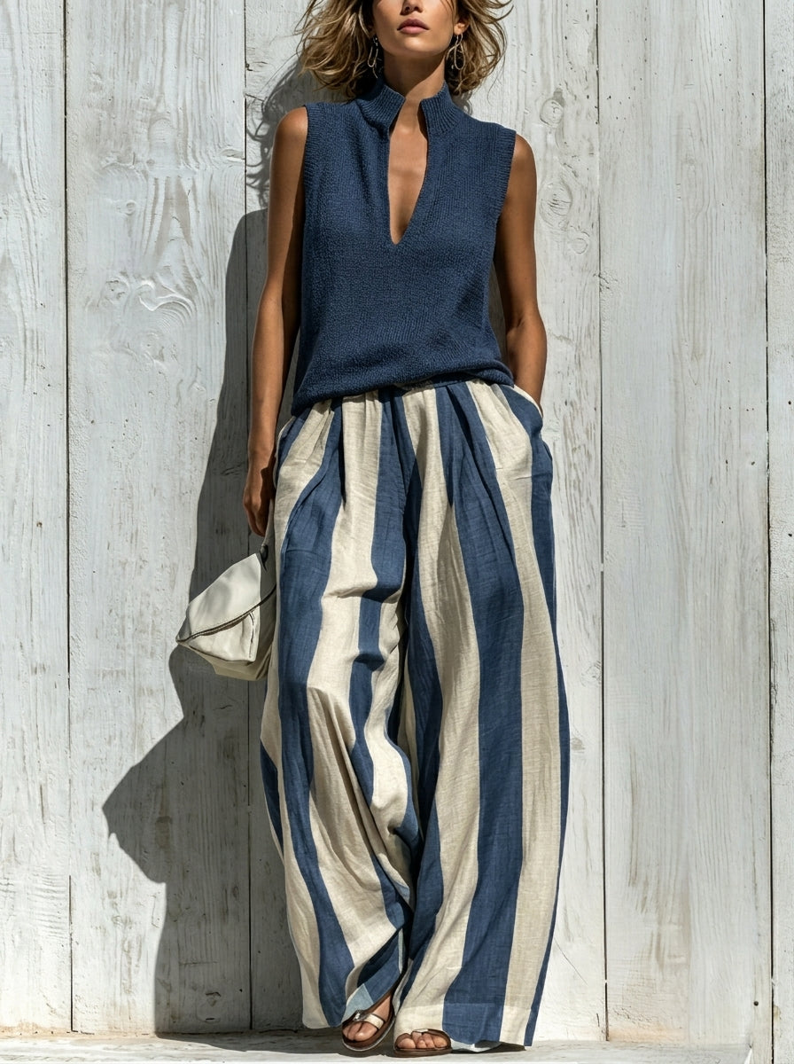 Sofía | Elegante en Tejido Fluido: Top y Pantalones Palazzo a Rayas