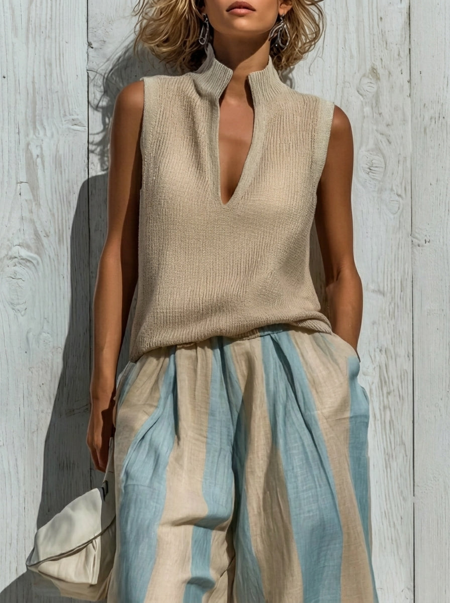 Sofía | Elegante en Tejido Fluido: Top y Pantalones Palazzo a Rayas